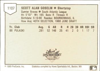 1989 ProCards Minor League Team Sets #1107 Scott Goselin Back