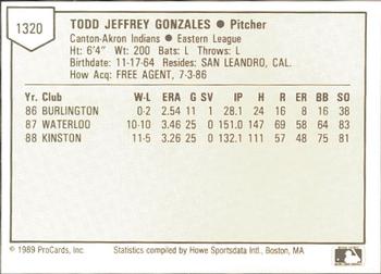 1989 ProCards Minor League Team Sets #1320 Todd Gonzales Back