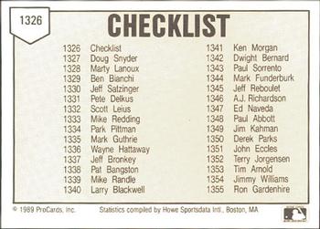 1989 ProCards Minor League Team Sets #1326 Checklist Back