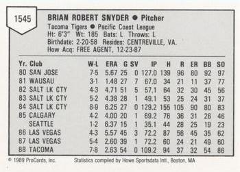 1989 ProCards Minor League Team Sets #1545 Brian Snyder Back