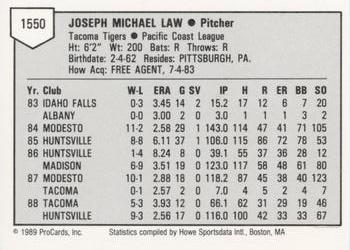 1989 ProCards Minor League Team Sets #1550 Joe Law Back