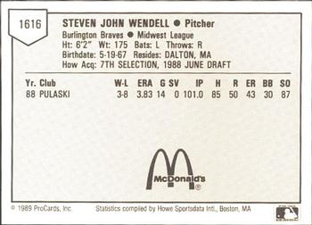 1989 ProCards Minor League Team Sets #1616 Steve Wendell Back