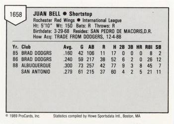 1989 ProCards Minor League Team Sets #1658 Juan Bell Back