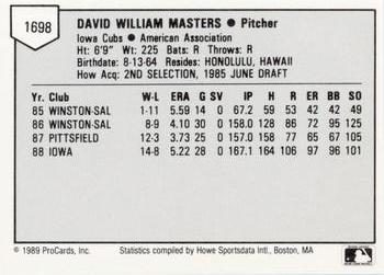 1989 ProCards Minor League Team Sets #1698 Dave Masters Back