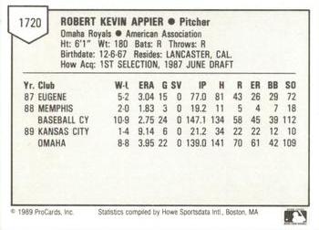 1989 ProCards Minor League Team Sets #1720 Kevin Appier Back