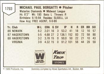 1989 ProCards Minor League Team Sets #1793 Mike Borgatti Back