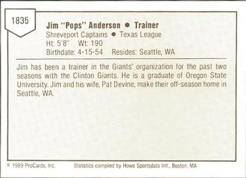 1989 ProCards Minor League Team Sets #1835 Jim Anderson Back