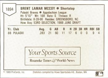 1989 ProCards Minor League Team Sets #1894 Brent McCoy Back