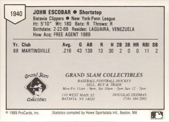 1989 ProCards Minor League Team Sets #1940 John Escobar Back