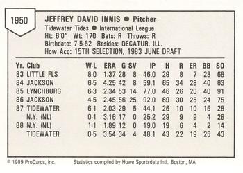 1989 ProCards Minor League Team Sets #1950 Jeff Innis Back