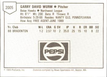 1989 ProCards Minor League Team Sets #2005 Garry Wurm Back