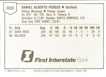 1989 ProCards Minor League Team Sets #2058 Danny Perozo Back
