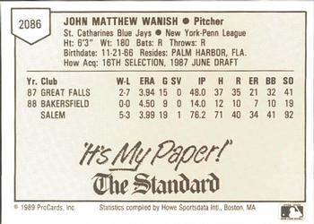 1989 ProCards Minor League Team Sets #2086 John Wanish Back