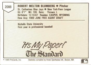 1989 ProCards Minor League Team Sets #2088 Rob Blumberg Back