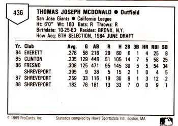 1989 ProCards Minor League Team Sets #436 T.J. McDonald Back