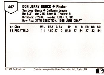 1989 ProCards Minor League Team Sets #442 Don Brock Back