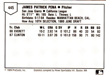 1989 ProCards Minor League Team Sets #445 Jim Pena Back