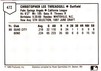 1989 ProCards Minor League Team Sets #472 Chris Threadgill Back