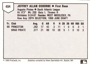 1989 ProCards Minor League Team Sets #494 Jeff Osborne Back