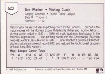 1989 ProCards Minor League Team Sets #523 Dan Warthen Back