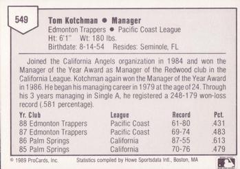 1989 ProCards Minor League Team Sets #549 Tom Kotchman Back