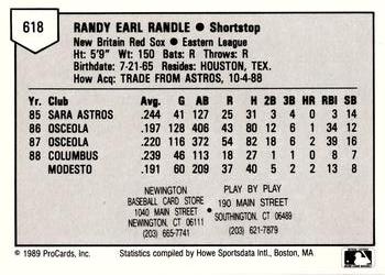 1989 ProCards Minor League Team Sets #618 Randy Randle Back