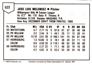 1989 ProCards Minor League Team Sets #633 Jose Melendez Back