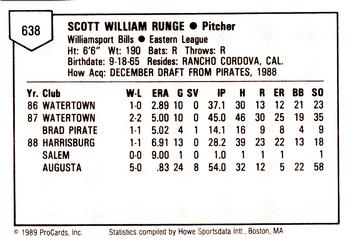 1989 ProCards Minor League Team Sets #638 Scott Runge Back