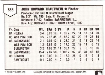 1989 ProCards Minor League Team Sets #685 John Trautwein Back