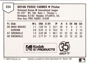 1989 ProCards Minor League Team Sets #834 Bryan Farmer Back