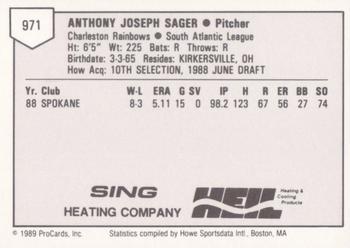 1989 ProCards Minor League Team Sets #971 A.J. Sager Back