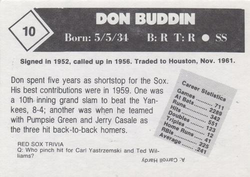 1981 Boston Globe Boston Red Sox #10 Don Buddin Back