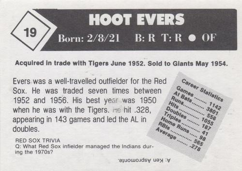 1981 Boston Globe Boston Red Sox #19 Hoot Evers Back