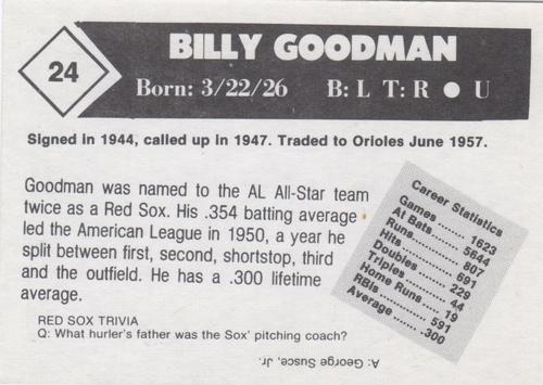 1981 Boston Globe Boston Red Sox #24 Billy Goodman Back