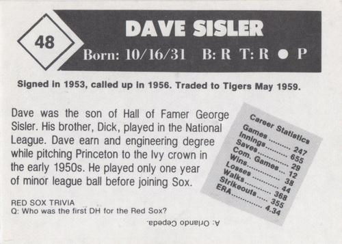 1981 Boston Globe Boston Red Sox #48 Dave Sisler Back