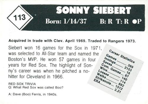 1981 Boston Globe Boston Red Sox #113 Sonny Siebert Back