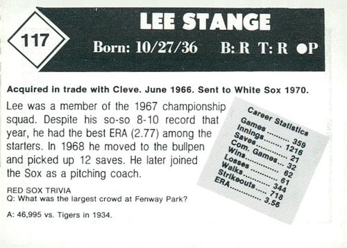 1981 Boston Globe Boston Red Sox #117 Lee Stange Back