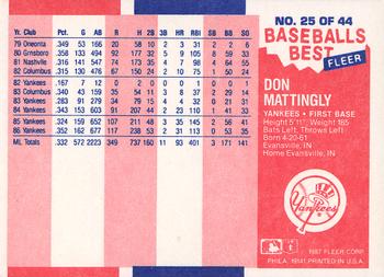 1987 Fleer Baseball's Best Sluggers vs. Pitchers #25 Don Mattingly Back