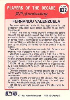 1990 Fleer Canadian #622 Fernando Valenzuela Back