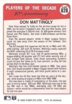 1990 Fleer Canadian #626 Don Mattingly Back