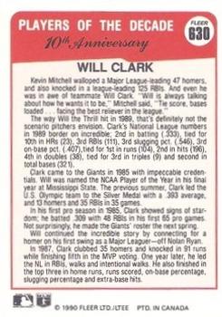 1990 Fleer Canadian #630 Will Clark Back
