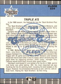 1989 Fleer - Glossy #634 Triple A's (Jose Canseco / Terry Steinbach / Mark McGwire) Back
