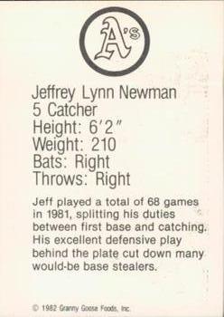 1982 Granny Goose Oakland Athletics #NNO Jeff Newman Back