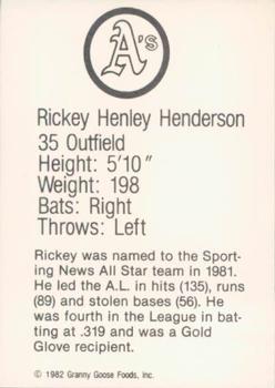 1982 Granny Goose Oakland Athletics #NNO Rickey Henderson Back