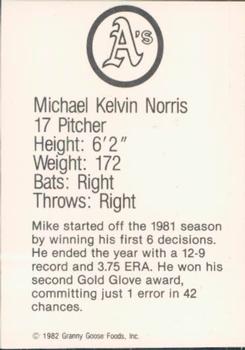 1982 Granny Goose Oakland Athletics Facsimile Signatures #NNO Mike Norris Back