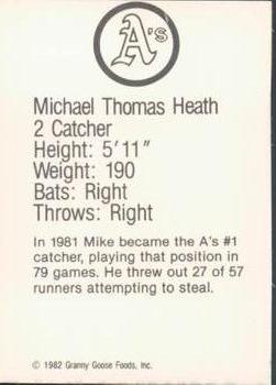 1982 Granny Goose Oakland Athletics Facsimile Signatures #NNO Mike Heath Back