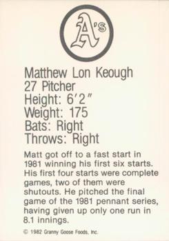 1982 Granny Goose Oakland Athletics Facsimile Signatures #NNO Matt Keough Back