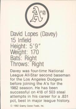 1982 Granny Goose Oakland Athletics Facsimile Signatures #NNO Davey Lopes Back