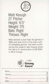 1983 Granny Goose Oakland Athletics #NNO Matt Keough Back