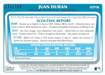 2011 Bowman Chrome - Prospects Purple Refractors #BCP196 Juan Duran Back
